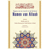 Boekomslag met Arabische kalligrafie en bloemendesign van Perfecte Namen van Allah