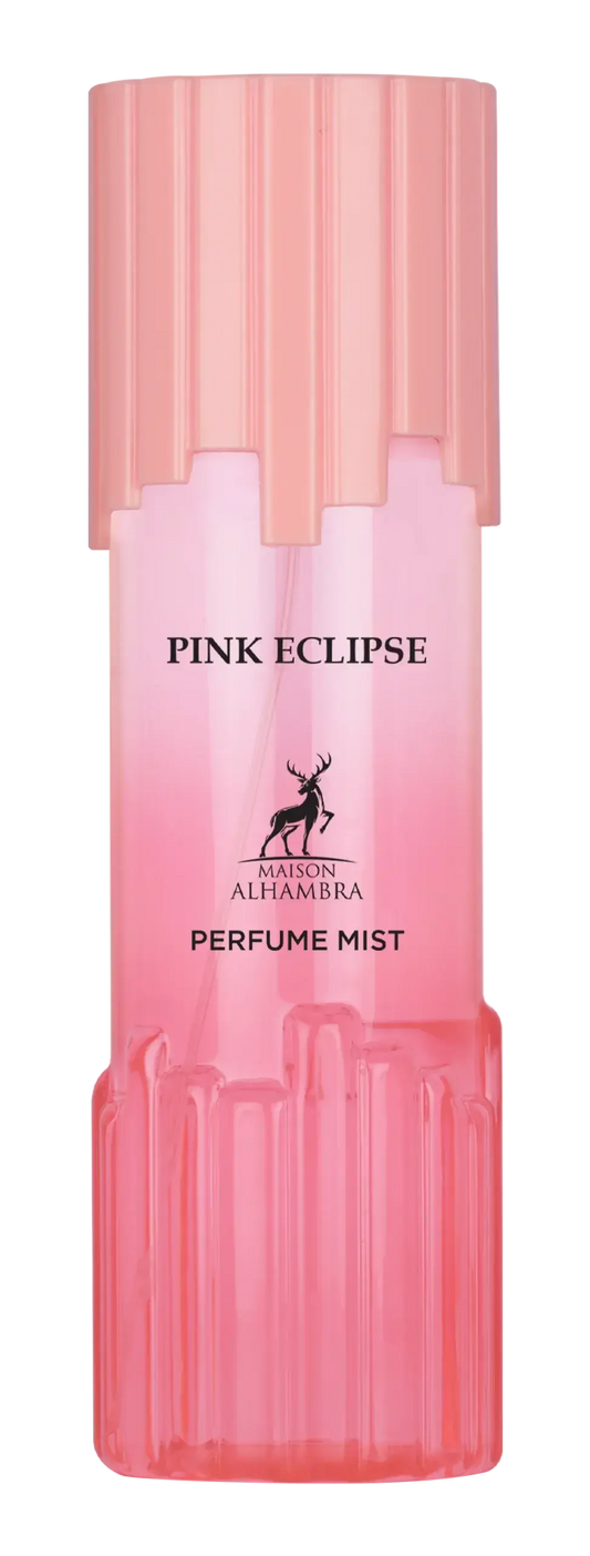 Roze glazen lichaamssprayfles pink eclipse van maison alhambra met geribbelde roze dop