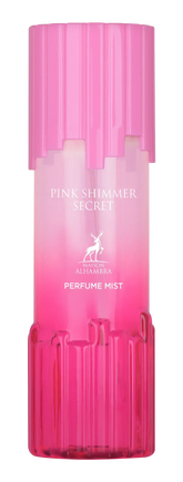 Roze gradient body mist fles met geribbelde roze dop en basis label pink shimmer secret van alhambra