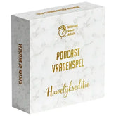 White marble-textured podcast vragenspel huwelijkseditie box with gold foil lettering and minuut voor allah logo