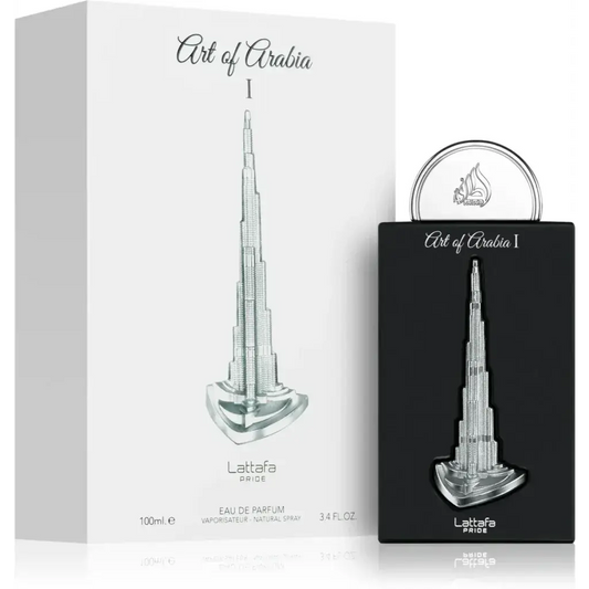 Zwarte rechthoekige fles art of arabia i eau de parfum van lattafa pride met zilverkleurig dubai torenontwerp