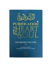 Blauw hardcover boek purification of the heart and soul met gouden letters en witte vogelmotieven over ziekte en genezing