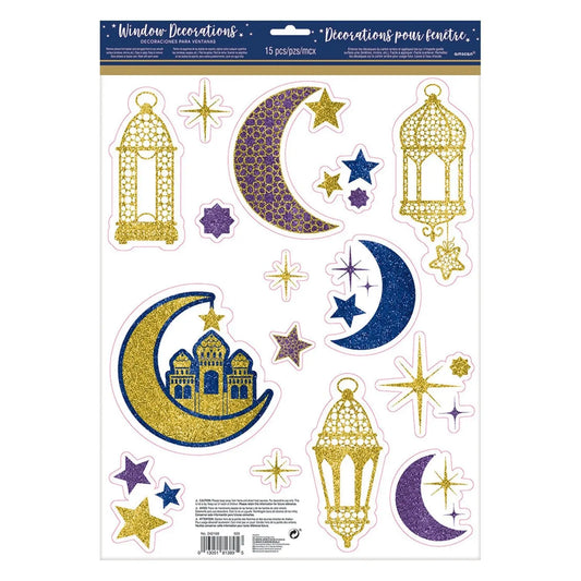 Een glitterende gouden en paarse halve maan raamsticker met een gedetailleerd moskee ontwerp voor eid ramadan