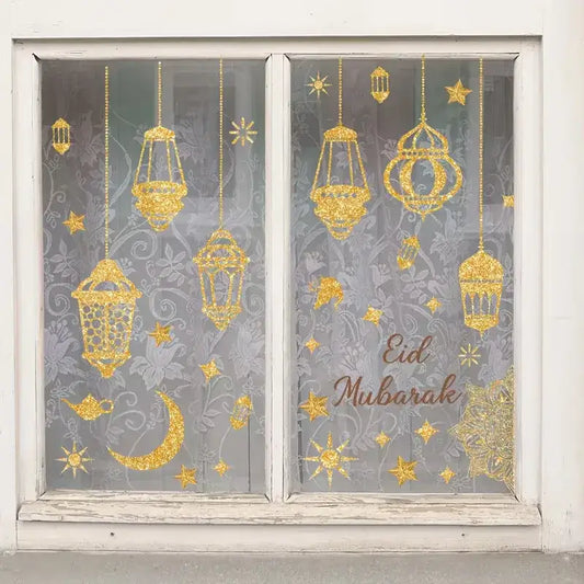 Golden glittery raamstickers met lantarens en sterren en eid mubarak tekst voor feestelijke eid en ramadan decoratie