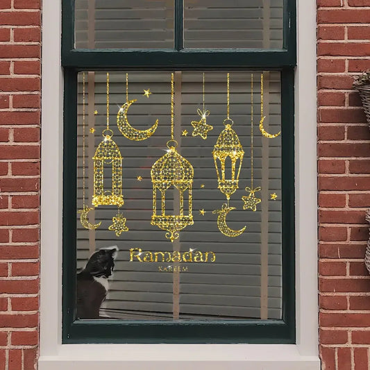 Gouden glitter raamstickers voor ramadan met hangende lantaarns, halvemaan en sterren decoratie