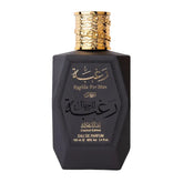 Zwarte parfumfles met gouden dop van Lattafa Parfum Raghba for Men