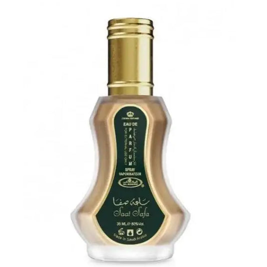 Een slanke transparante glazen fles met een gouden dop en donkergroet etiket met arabisch schrift van al-rehab parfum saat safa eau de parfum 30 ml