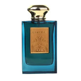 Teal glazen parfumfles met gouden dop en label van Riffs Parfum Enamour