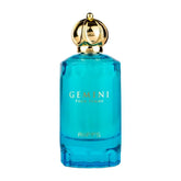 Een levendige turquoise glazen parfumbottle riiffs gemini edp 100 ml met gouden kroonvormige dop en reliëf gouden letters
