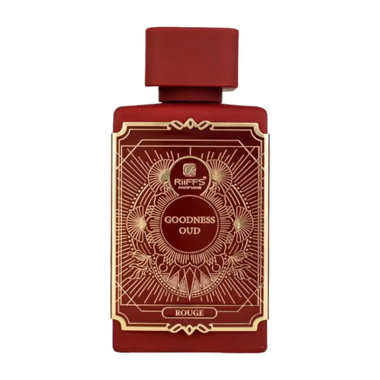 Een rijkrode rechthoekige parfumfles met gouden reliëfetiket goodess oud rouge van riiffs parfums 100 ml edp