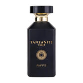Dark rechthoekige parfumfles met gouden hals en zwarte dop voor Riiffs Tanzanite Amber Edp