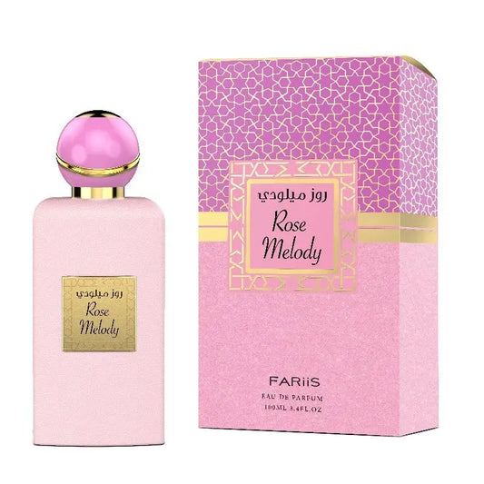 Roze rechthoekige parfumfles rose melody edp van fariis met glanzende roze bolle dop en gouden accenten