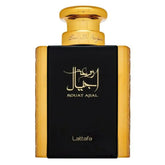 Elegante zwarte parfumbottle met gouden accenten en gouden dop met de naam rouat ajial in arabisch schrift