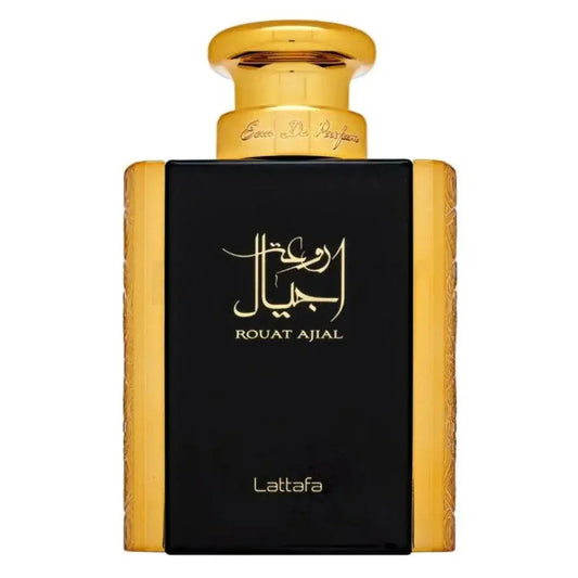 Elegante zwarte parfumbottle met gouden accenten en gouden dop met de naam rouat ajial in arabisch schrift