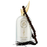 Witte musk parfumspray fles met gouden dop en bruine kralen tassel