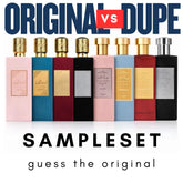 Een set van acht luxe rectangular parfumflesjes in pastelroze, teal blauw, bordeauxrood, zwart en goud met gouden doppen van sampleset raad het origineel ameer al arab