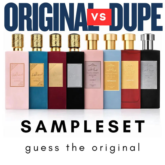 Een set van acht luxe rectangular parfumflesjes in pastelroze, teal blauw, bordeauxrood, zwart en goud met gouden doppen van sampleset raad het origineel ameer al arab