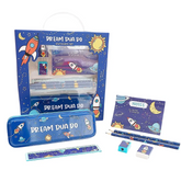 Blauw schrijfwaren set met raket thema space motieven en dream dua do branding voor kinderen