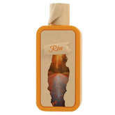 Oranje rechthoekige perfume fles seasons rise edp 100 ml met beige dop en label met rise en canyontekening