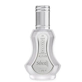 Zilveren sprayfles 35 ml met slank, gefacetteerd glazen lichaam en metalen dop voor parfum