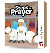 Steps to prayer kaarten educatief boek met illustraties van kinderen in witte gebedskleding voor moskee achtergrond