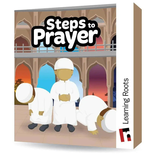 Steps to prayer kaarten educatief boek met illustraties van kinderen in witte gebedskleding voor moskee achtergrond