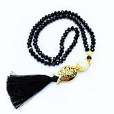 Zwarte kristallen tasbeeh met gouden tulp accenten en kwast voor gebedssieraden