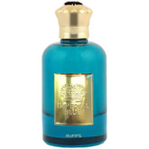 Teal Riffs Parfum Imperial Blue met gouden accenten en goudkap, luxe parfum imperial