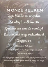 Transparant tekstbord keuken van kunststof met witte sierlijke letters dua voor en na het eten a2 formaat