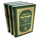 Drie groene hardcover boeken met gouden decoratieve randen over de noble life van de Profeet