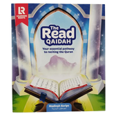 De read qaidah workbook van learning roots met een zacht kaft en een illustratieve voorkant met een gloeiende open quran onder boogkolommen in madinah script