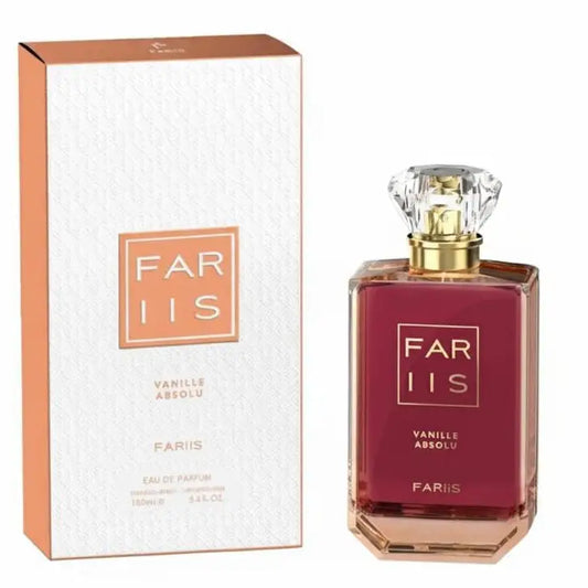 Een rechthoekig roestgoudkleurig glazen parfumflesje van vanille absolu edp met facetrand en gouden dop