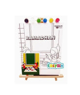 Wit ramadan kleurplaatbord met kleurrijke verfpotjes en houten standaard verfset 5 zuilen