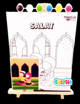 Wit kleuractiviteitbord met salat in dikke letters en moskeeën plus biddend kind, inclusief zes kleurrijke verfcaps