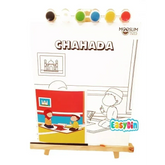 Kleurige verfpotten bij een wit kleurboek chahada van mooslim toys met kindertekeningen en de taj mahal voor verfset 5 zuilen