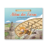 Kinderboek met illustratie van een vliegende moslim Abbas ibn Firnas boven de stad