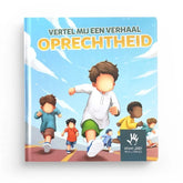 Kinderboek met kleurrijke illustraties van rennende kinderen op een blauwe cover voor Vertel mij een verhaal oprechtheid