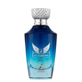 Blauwe gradient parfumfles met vleugel logo en kristallen dop van Victoriosso Myth