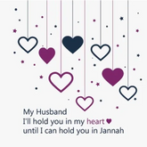 Digitale illustratie van hangende harten met romantische boodschap op gevouwen wenskaart inclusief Wenskaart husband purple