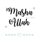 Wenskaart ma sha Allah a boy met witte achtergrond en zwarte en blauwe tekst