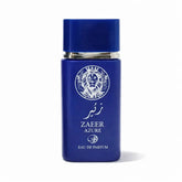 Deep blue rectangular bottle of zaeer azure eau de parfum with silver cap and embossed lion emblem