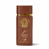 Bruin rechthoekig parfumflesje met gouden leeuwenembleem en zaeer taube eau de parfum label