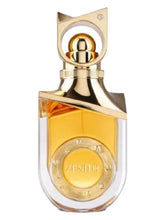 Golden-finished zenith riiffs parfum bottle with sleek angular design and amber-colored liquid inside