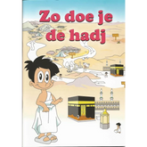 Cartoon boekomslag met jongen in pilgrimskleding en Hajj-rituelen, geschikt als algemeen leerboek