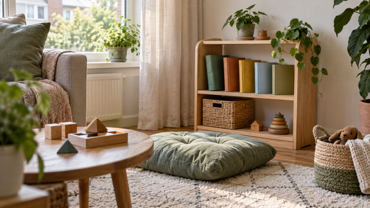 Kleine leeshoek met houten boekenkast, groene kussens en spelmateriaal.