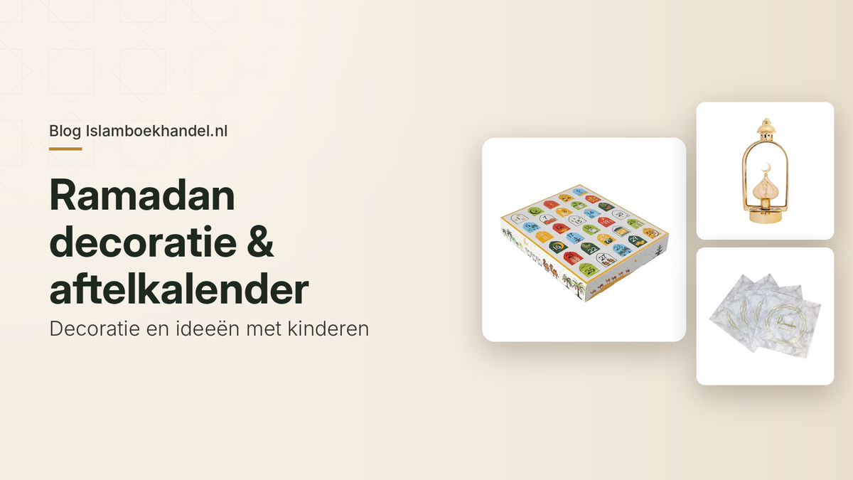 Productfoto's van een lege Ramadan aftelkalender met 30 vakjes, een goudkleurige LED-lantaarn en Ramadan servetten in marmer en goud.