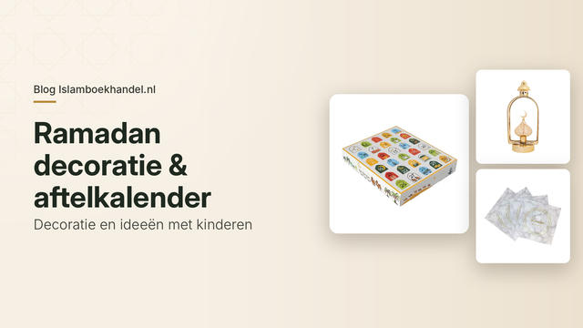 Productfoto's van een lege Ramadan aftelkalender met 30 vakjes, een goudkleurige LED-lantaarn en Ramadan servetten in marmer en goud.