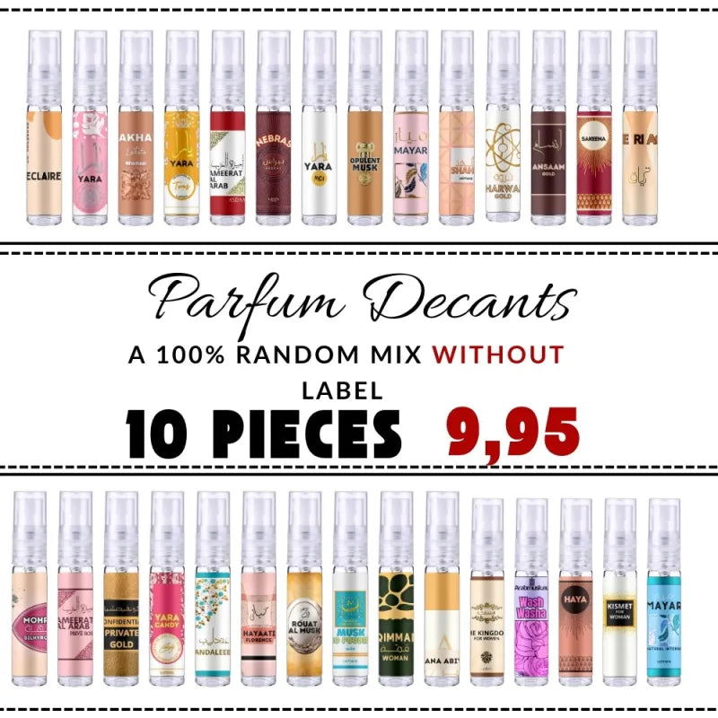 10 willekeurige geurmonsters zonder etiket in glazen flacons