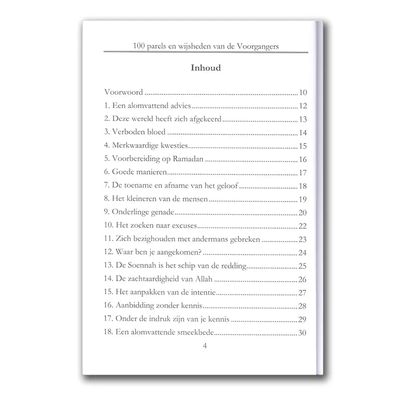 Vierpagina booklet met witte kaft en zwarte tekst over vrome voorgangers