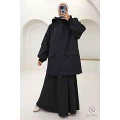 Zwarte oversized hoodie met capuchon en rits, perfect voor regenachtige dagen, 2-delige set